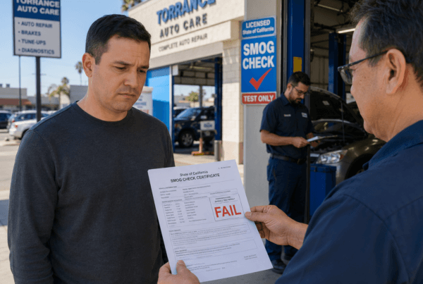 A frustrated driver receiving a failed smog check certificate at a testing station, with a mechanic in the background reviewing a diagnostic report.