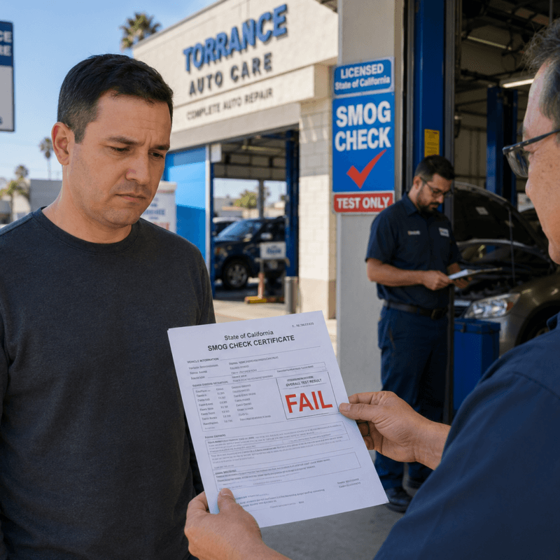 A frustrated driver receiving a failed smog check certificate at a testing station, with a mechanic in the background reviewing a diagnostic report.
