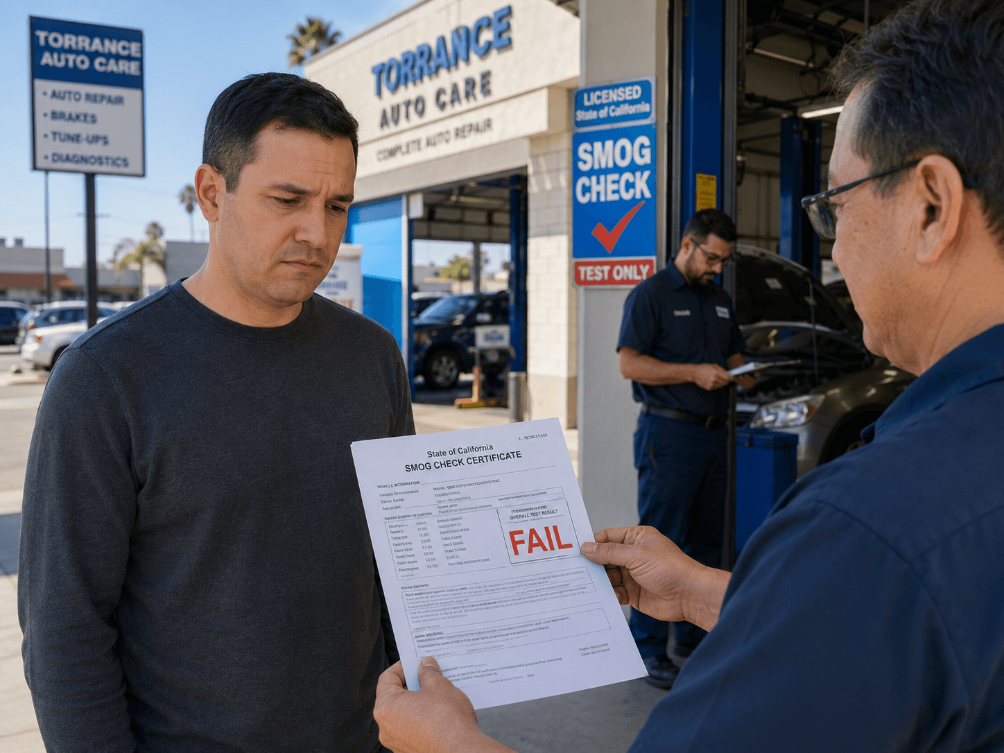 A frustrated driver receiving a failed smog check certificate at a testing station, with a mechanic in the background reviewing a diagnostic report.