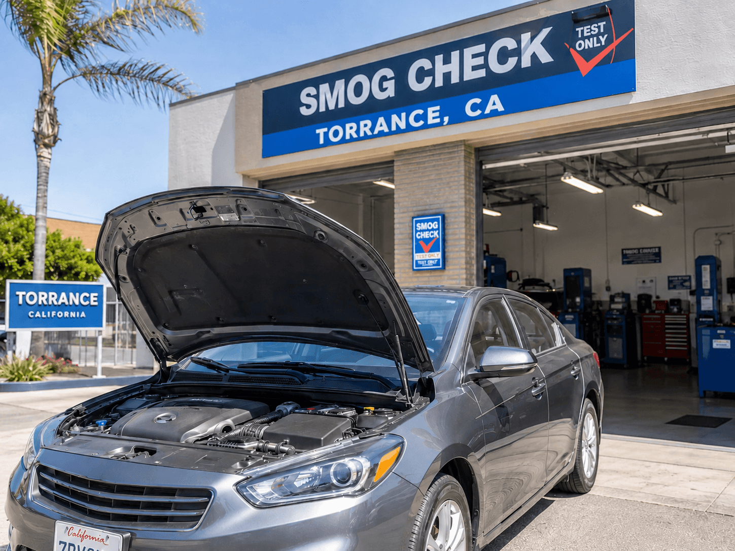 A calm driver confidently pulling into a professional smog testing station in Torrance, California. Show the moment of arrival with the testing facility visible and welcoming. Include subtle visual elements of vehicle maintenance (open hood showing clean engine, fuel cap being checked).
