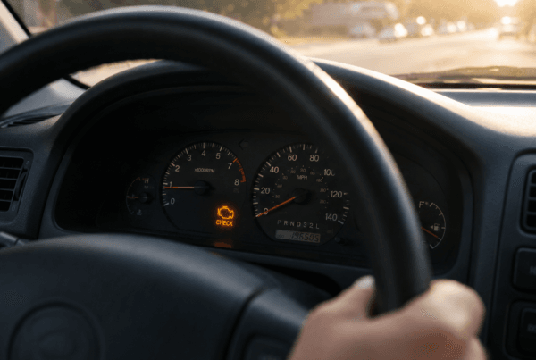 Close-up of a car dashboard with an illuminated check engine light, driver’s hands on the steering wheel, and warm late afternoon sunlight coming through the windshield.