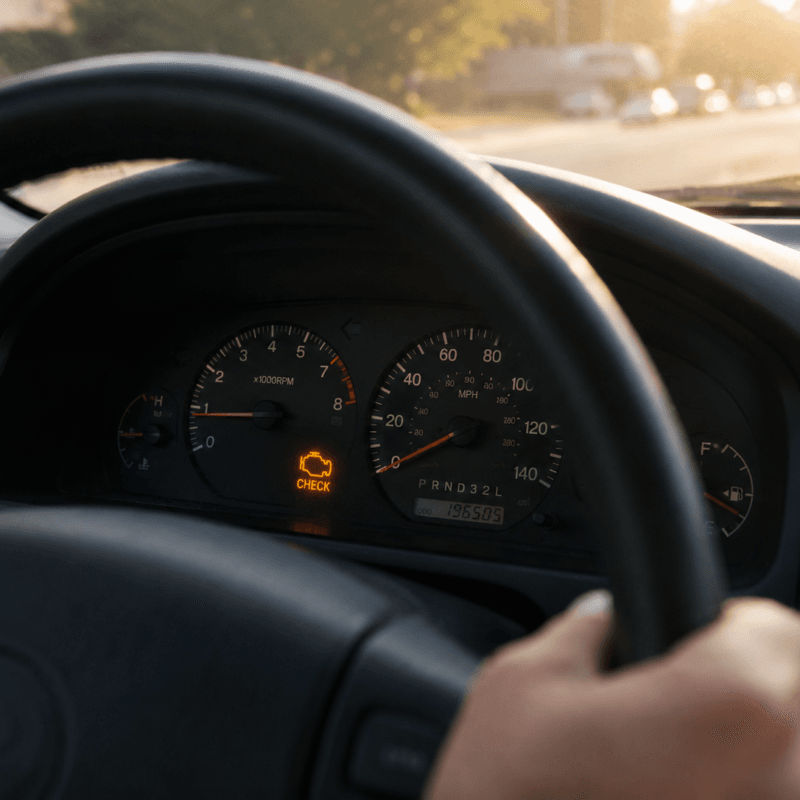 Close-up of a car dashboard with an illuminated check engine light, driver’s hands on the steering wheel, and warm late afternoon sunlight coming through the windshield.