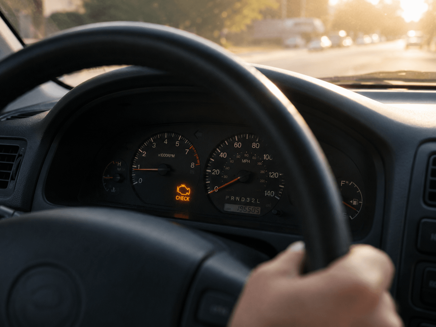 Close-up of a car dashboard with an illuminated check engine light, driver’s hands on the steering wheel, and warm late afternoon sunlight coming through the windshield.