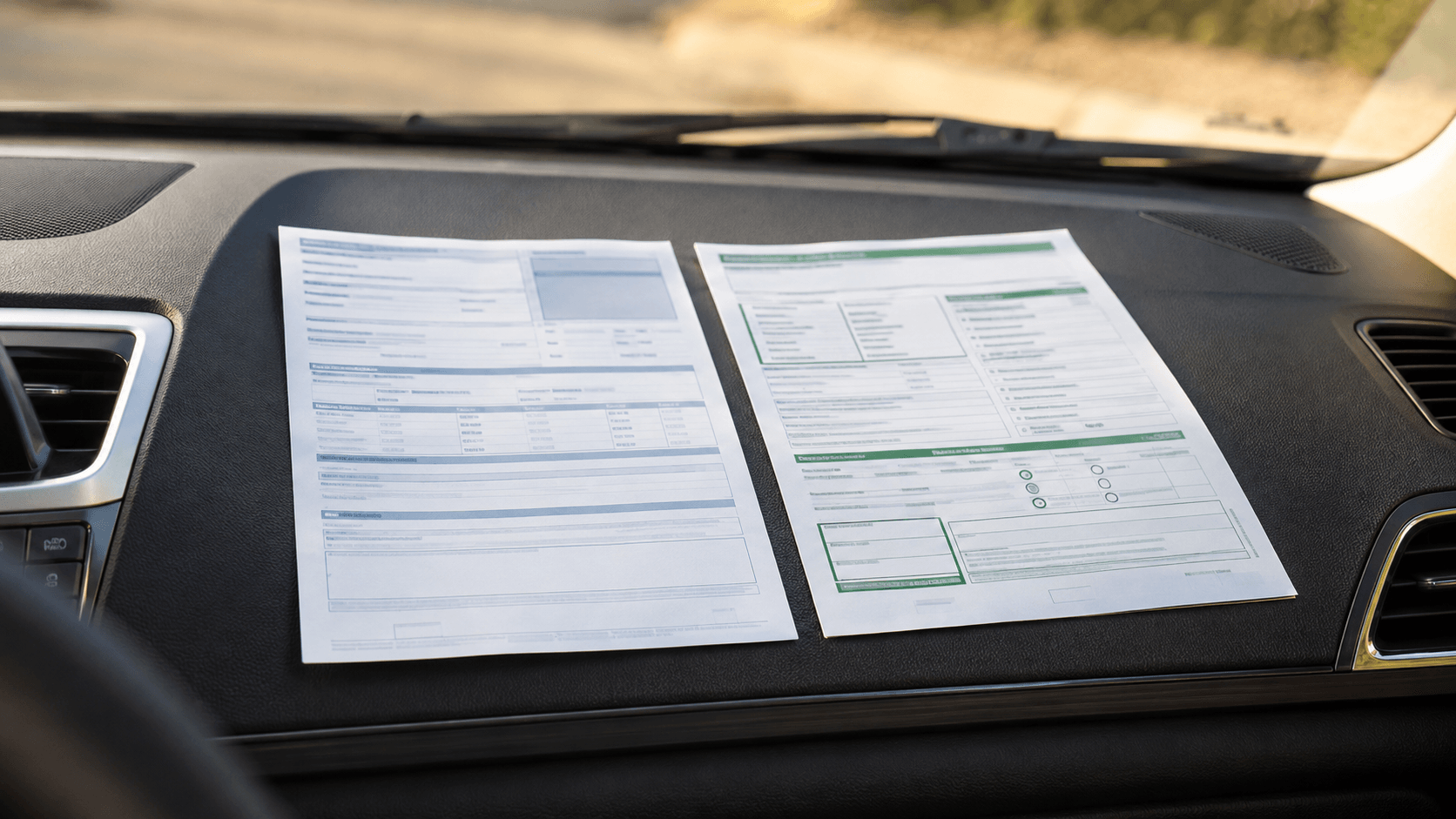 California vehicle registration renewal notice and smog inspection report arranged on a sunlit car dashboard.