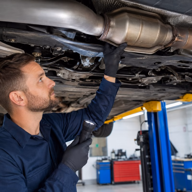 Technician inspecting a vehicle’s exhaust system and catalytic converter underneath a car raised on a lift in a clean modern auto shop.