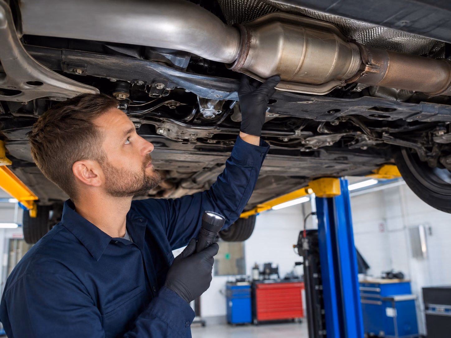 Technician inspecting a vehicle’s exhaust system and catalytic converter underneath a car raised on a lift in a clean modern auto shop.